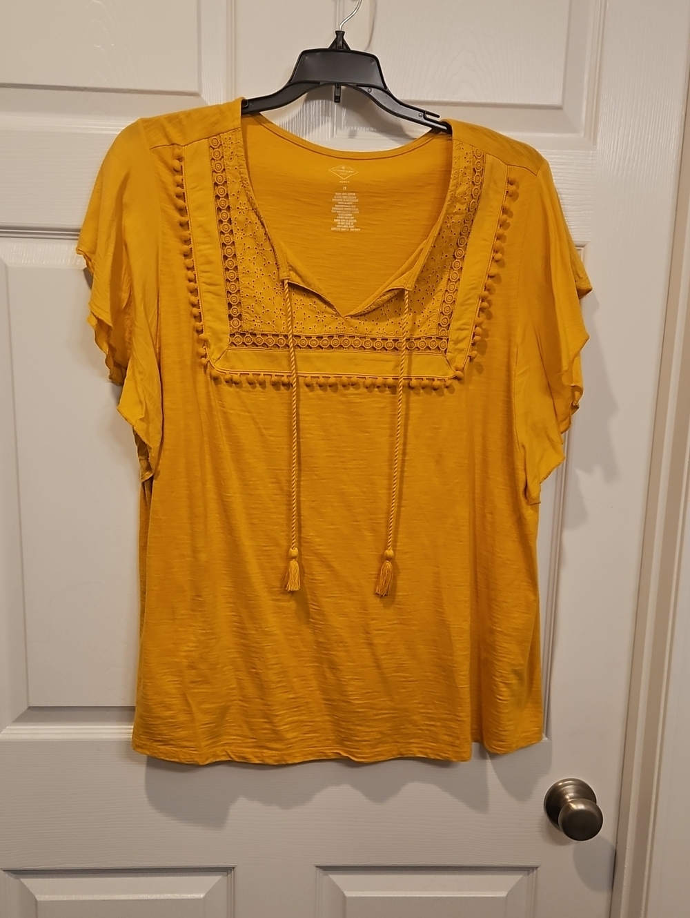 St. John's Bay Mustard Yellow Lace-Trim Peasant Top